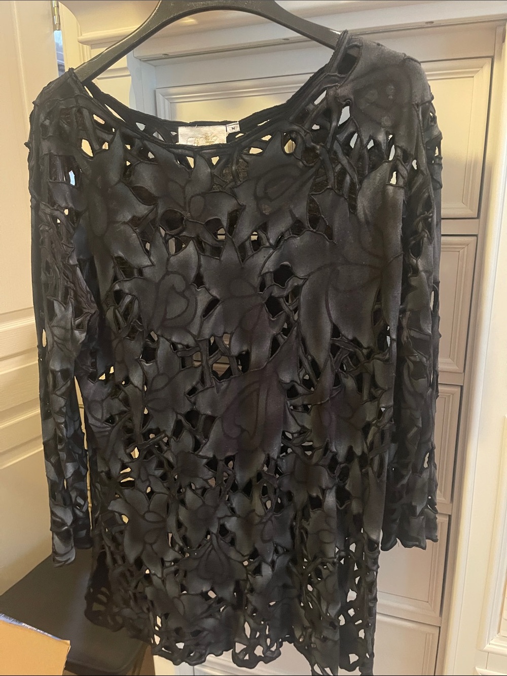 Cache Black Cutout Floral Mesh Long Sleeve Top